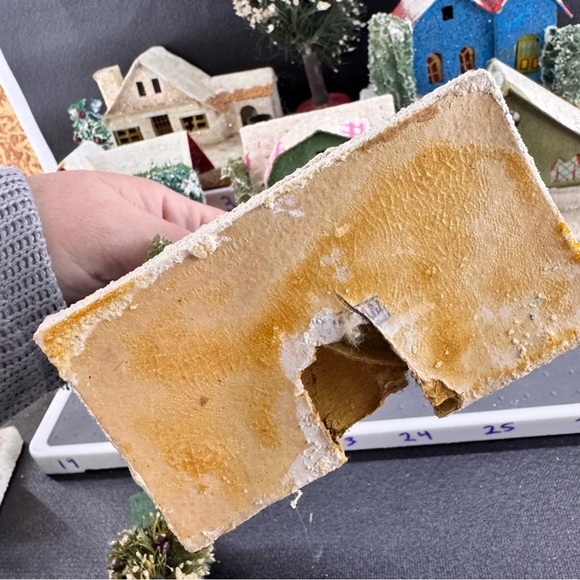 Set Of 11 Vintage Putz Houses Churches Beaded Bottle Brush Trees Japan - Picture 6 of 16